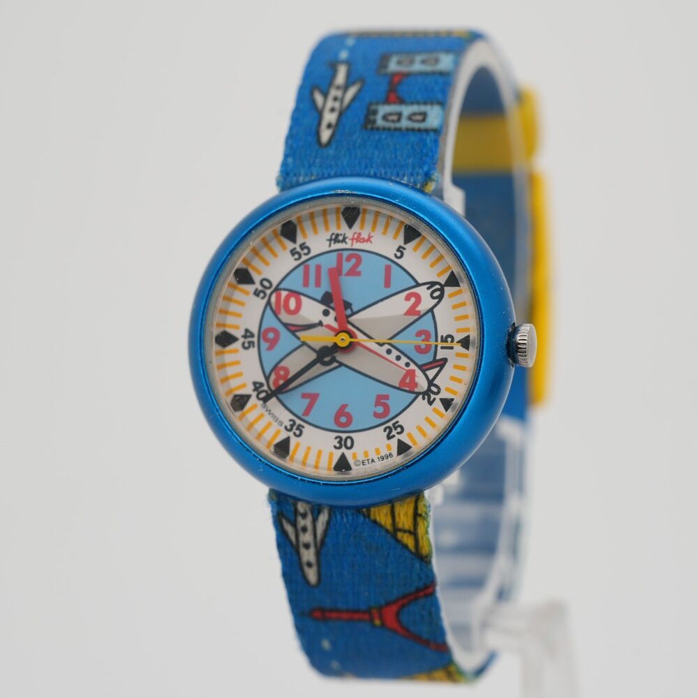 Vintage 1996 Flik Flak Swatch Airplane Kids Watch Blue Aluminum ETA Swiss Runs